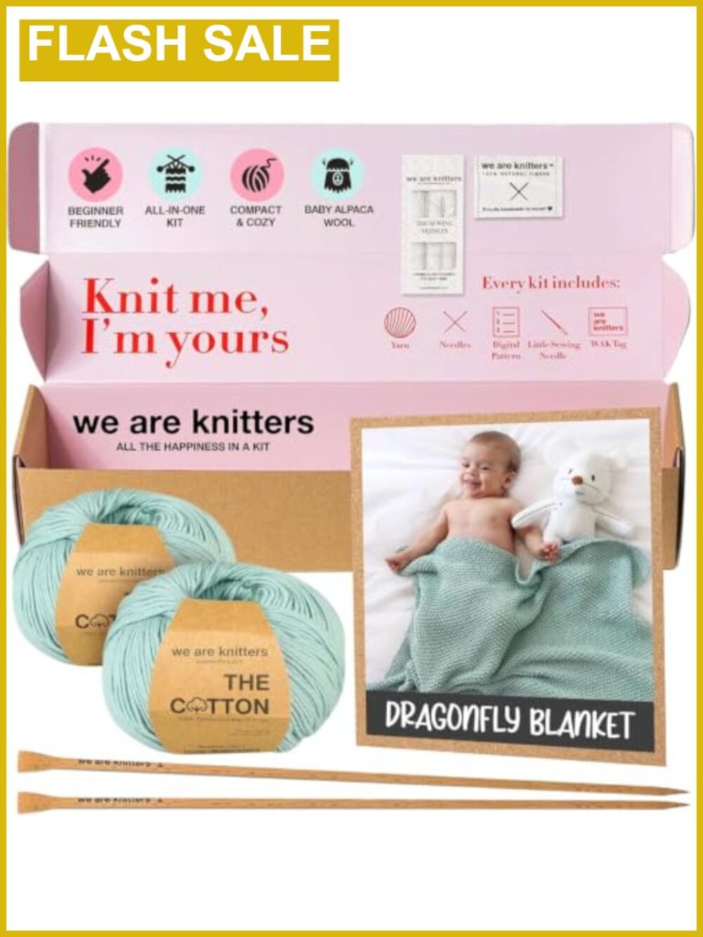 Beginner Knitting Kit Cotton Yarn Blanket Kit with Needles & Instructions